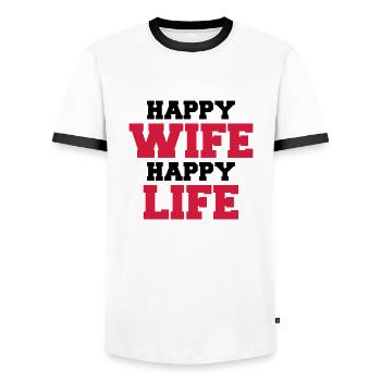 Happy Wife - Happy Life - T-shirt contrasté Homme - blanc/noir - Devant - AI Model Female 172 light (172cm) & AI Model Male 178 dark (178cm)