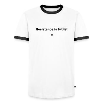 resistance is futile! - Men's Ringer Shirt - white/black - Front - AI Model Female 172 light (172cm) & AI Model Male 178 dark (178cm)