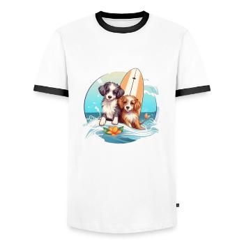 Two surfing dogs - Men's Ringer Shirt - white/black - Front - AI Model Female 172 light (172cm) & AI Model Male 178 dark (178cm)