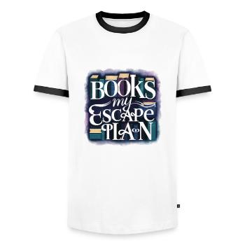Leseratte Bücherwurm Spruch My Escape Plan - Männer Kontrast-T-Shirt - Weiß/Schwarz - Vorne - AI Model Female 172 light (172cm) & AI Model Male 178 dark (178cm)