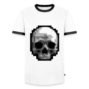 PETSCII Skull - Men's Ringer Shirt - white/black - Front - AI Model Female 172 light (172cm) & AI Model Male 178 dark (178cm)