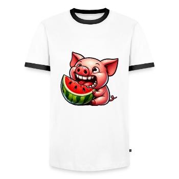 Sweet pig with watermelon grinning whimsical - Men's Ringer Shirt - white/black - Front - AI Model Female 172 light (172cm) & AI Model Male 178 dark (178cm)