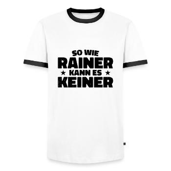 No one can do it like Rainer - Men's Ringer Shirt - white/black - Front - AI Model Female 172 light (172cm) & AI Model Male 178 dark (178cm)