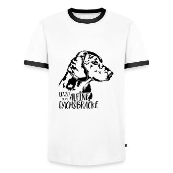 Loved by ALPINE DACHSBRACKE dog saying Wilsigns - Men's Ringer Shirt - white/black - Front - AI Model Female 172 light (172cm) & AI Model Male 178 dark (178cm)