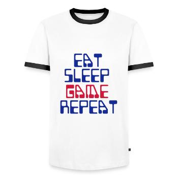 Cool saying Gamer Gamer - Eat Sleep Game Repeat - Men's Ringer Shirt - white/black - Front - AI Model Female 172 light (172cm) & AI Model Male 178 dark (178cm)