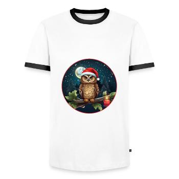 Cute owl with Santa hat sitting on a branch - Men's Ringer Shirt - white/black - Front - AI Model Female 172 light (172cm) & AI Model Male 178 dark (178cm)