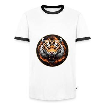 Tiger Portrait Big Cat Design Hissing Tiger - Men's Ringer Shirt - white/black - Front - AI Model Female 172 light (172cm) & AI Model Male 178 dark (178cm)