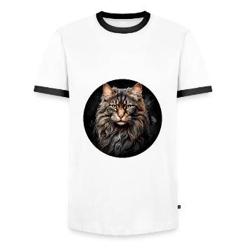 Maine Coon cat portrait in watercolor technique - Men's Ringer Shirt - white/black - Front - AI Model Female 172 light (172cm) & AI Model Male 178 dark (178cm)