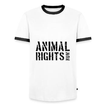 ANIMAL RIGHTS NOW - Men's Ringer Shirt - white/black - Front - AI Model Female 172 light (172cm) & AI Model Male 178 dark (178cm)
