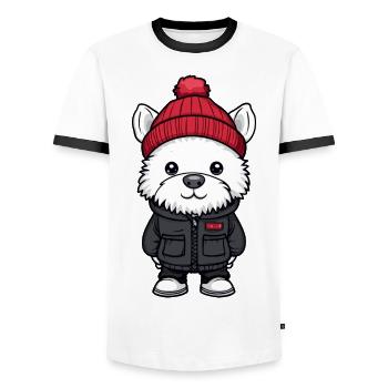 West Highland Terrier Dog Winter - Men's Ringer Shirt - white/black - Front - AI Model Female 172 light (172cm) & AI Model Male 178 dark (178cm)