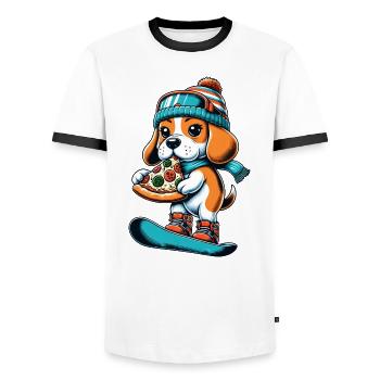Beagle Snowboarder: Pizza-Abfahrt - Männer Kontrast-T-Shirt - Weiß/Schwarz - Vorne - AI Model Female 172 light (172cm) & AI Model Male 178 dark (178cm)