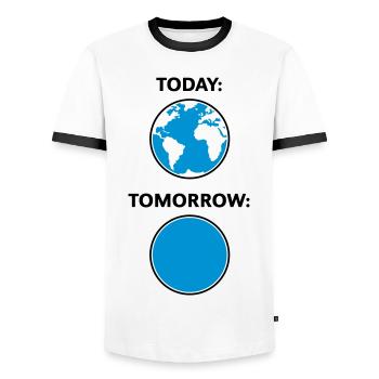 Aujourd’hui – Demain / Globus (Changement climatique / 3C) - T-shirt contrasté Homme - blanc/noir - Devant - AI Model Female 172 light (172cm) & AI Model Male 178 dark (178cm)