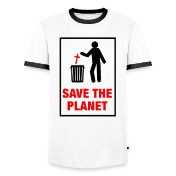 Save the planet from Church - T-shirt contrasté Homme - blanc/noir - Devant - AI Model Female 172 light (172cm) & AI Model Male 178 dark (178cm)