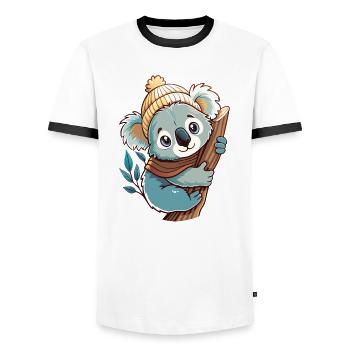 Niedlicher Koala mit Schal und Pudelmütze. - Männer Kontrast-T-Shirt - Weiß/Schwarz - Vorne - AI Model Female 172 light (172cm) & AI Model Male 178 dark (178cm)
