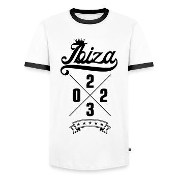 Ibiza 2023 - Männer Kontrast-T-Shirt - Weiß/Schwarz - Vorne - AI Model Female 172 light (172cm) & AI Model Male 178 dark (178cm)