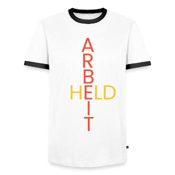 Held bei meiner Arbeit - Männer Kontrast-T-Shirt - Weiß/Schwarz - Vorne - AI Model Female 172 light (172cm) & AI Model Male 178 dark (178cm)