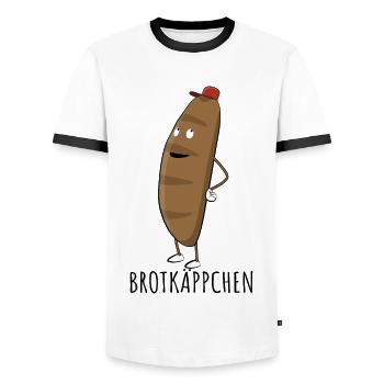 Brotkäppchen Ein Brot mit roter Kappe - Wortspiel - Männer Kontrast-T-Shirt - Weiß/Schwarz - Vorne - AI Model Female 172 light (172cm) & AI Model Male 178 dark (178cm)