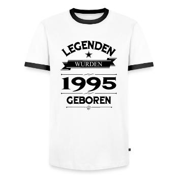 1995 - Männer Kontrast-T-Shirt - Weiß/Schwarz - Vorne - AI Model Female 172 light (172cm) & AI Model Male 178 dark (178cm)