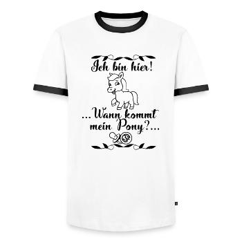 Ich bin hier Wann kommt mein Pony - Männer Kontrast-T-Shirt - Weiß/Schwarz - Vorne - AI Model Female 172 light (172cm) & AI Model Male 178 dark (178cm)