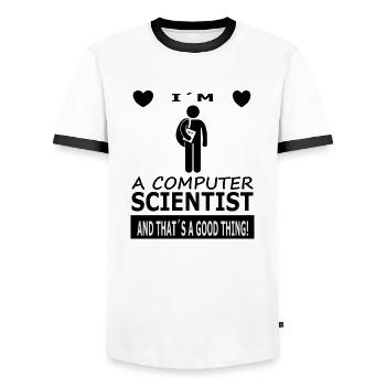 I am computer scientist studying computer science gift - Men's Ringer Shirt - white/black - Front - AI Model Female 172 light (172cm) & AI Model Male 178 dark (178cm)
