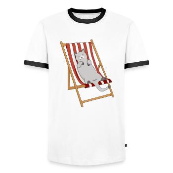 Lazy cat in beach chair - Men's Ringer Shirt - white/black - Front - AI Model Female 172 light (172cm) & AI Model Male 178 dark (178cm)