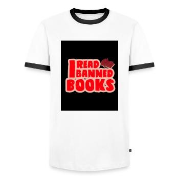 I Read Banned Books 33 - Men's Ringer Shirt - white/black - Front - AI Model Female 172 light (172cm) & AI Model Male 178 dark (178cm)