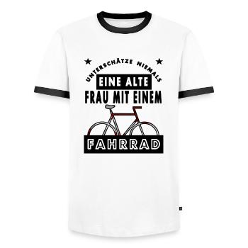 Unterschätze nie Frau mit Fahrrad Radfahren gift - Männer Kontrast-T-Shirt - Weiß/Schwarz - Vorne - AI Model Female 172 light (172cm) & AI Model Male 178 dark (178cm)