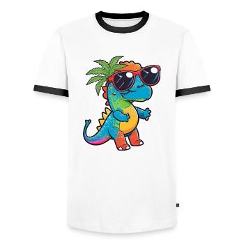 Kawaii Cute Happy Colorful Dino with Sunglasses - Men's Ringer Shirt - white/black - Front - AI Model Female 172 light (172cm) & AI Model Male 178 dark (178cm)