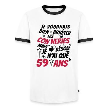 conneries 59 ans / cadeau anniversaire 59 ans - T-shirt contrasté Homme - blanc/noir - Devant - AI Model Female 172 light (172cm) & AI Model Male 178 dark (178cm)