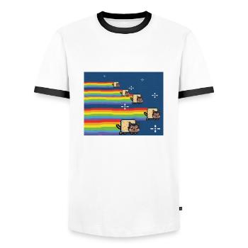 Nyan Nyan Cat Tshirt Hot Topic Shirt Onesie - Men's Ringer Shirt - white/black - Front - AI Model Female 172 light (172cm) & AI Model Male 178 dark (178cm)