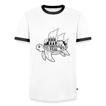 Turtle factory, smoke, smog air, animal welfare - Men's Ringer Shirt - white/black - Front - AI Model Female 172 light (172cm) & AI Model Male 178 dark (178cm)