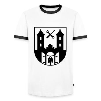 Suhl Emblem mit Star Sperber Habicht (+ Dein Text) - Männer Kontrast-T-Shirt - Weiß/Schwarz - Vorne - AI Model Female 172 light (172cm) & AI Model Male 178 dark (178cm)