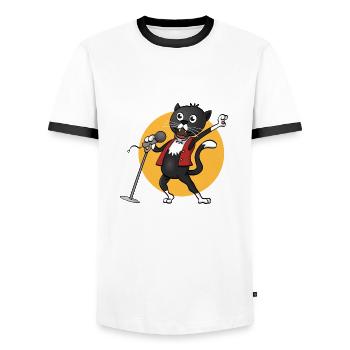 Die fröhlich singende singende schwarze Katze - Männer Kontrast-T-Shirt - Weiß/Schwarz - Vorne - AI Model Female 172 light (172cm) & AI Model Male 178 dark (178cm)