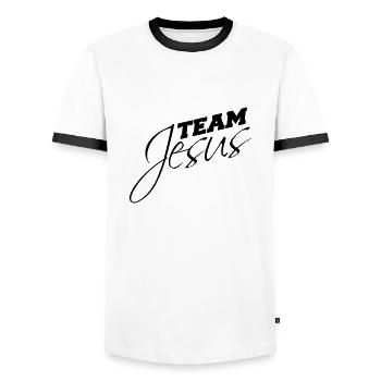 Équipe catholique Jésus-Christ évangélique - T-shirt contrasté Homme - blanc/noir - Devant - AI Model Female 172 light (172cm) & AI Model Male 178 dark (178cm)