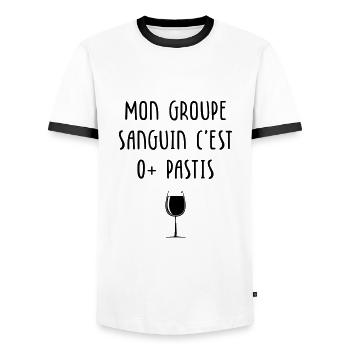 Mon groupe sanguin c'est O+ Pastis - T-shirt contrasté Homme - blanc/noir - Devant - AI Model Female 172 light (172cm) & AI Model Male 178 dark (178cm)