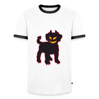 Halloween Devil Dog Demonic Puppy Glowing - Men's Ringer Shirt - white/black - Front - AI Model Female 172 light (172cm) & AI Model Male 178 dark (178cm)