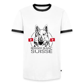 BERGER BLANC SUISSE Wilsigns Dog Portrait Dogs - Men's Ringer Shirt - white/black - Front - AI Model Female 172 light (172cm) & AI Model Male 178 dark (178cm)