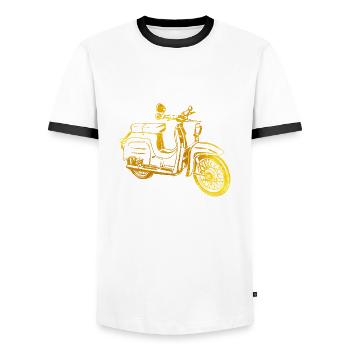 Simson Schwalbe DDR Moped - Männer Kontrast-T-Shirt - Weiß/Schwarz - Vorne - AI Model Female 172 light (172cm) & AI Model Male 178 dark (178cm)