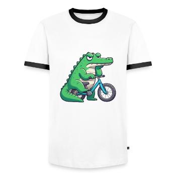 Lustiges Krokodil auf Fahrrad langweilig - Männer Kontrast-T-Shirt - Weiß/Schwarz - Vorne - AI Model Female 172 light (172cm) & AI Model Male 178 dark (178cm)