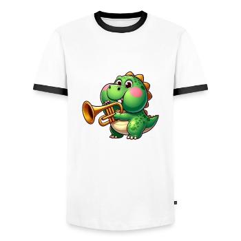Dicker Trex mit Trompete Cartoon Dinosaurier Musik - Männer Kontrast-T-Shirt - Weiß/Schwarz - Vorne - AI Model Female 172 light (172cm) & AI Model Male 178 dark (178cm)