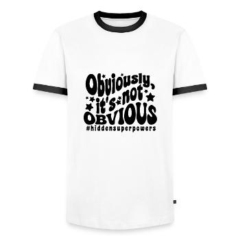 Evidemment, ce n'est pas évident (super pouvoirs) - T-shirt contrasté Homme - blanc/noir - Devant - AI Model Female 172 light (172cm) & AI Model Male 178 dark (178cm)