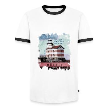 Märke lighthouse products, Finland Lighthouse, colour - Men's Ringer Shirt - white/black - Front - AI Model Female 172 light (172cm) & AI Model Male 178 dark (178cm)