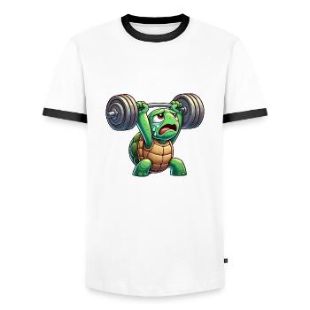 Exhausted turtle with dumbbell cartoon - Men's Ringer Shirt - white/black - Front - AI Model Female 172 light (172cm) & AI Model Male 178 dark (178cm)