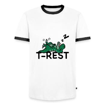 T-Rest - Sleeping T-Rex pun Dino - Men's Ringer Shirt - white/black - Front - AI Model Female 172 light (172cm) & AI Model Male 178 dark (178cm)