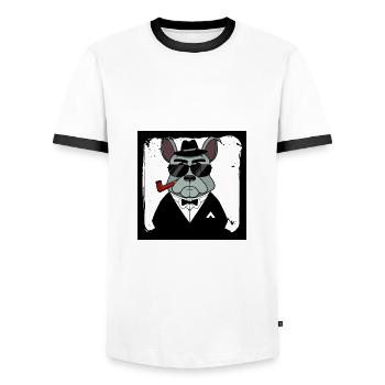Drôle de chien français de bouledogue de style mafieux - T-shirt contrasté Homme - blanc/noir - Devant - AI Model Female 172 light (172cm) & AI Model Male 178 dark (178cm)