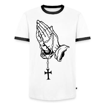 Praying Hands with Rosenkranz Basic - Men's Ringer Shirt - white/black - Front - AI Model Female 172 light (172cm) & AI Model Male 178 dark (178cm)