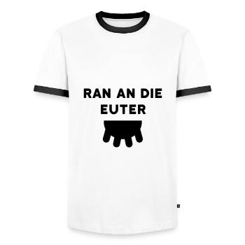 ★ Designfarben änderbar ★ Ran an die Euter, Zitzen - Männer Kontrast-T-Shirt - Weiß/Schwarz - Vorne - AI Model Female 172 light (172cm) & AI Model Male 178 dark (178cm)