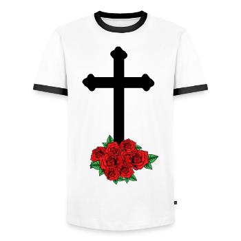 Roses en deuil Croix de la mort Funérailles au-delà de la tombe - T-shirt contrasté Homme - blanc/noir - Devant - AI Model Female 172 light (172cm) & AI Model Male 178 dark (178cm)
