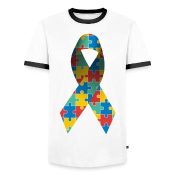 Awareness Ribbon for Autism and Asperger's Syndrome - Men's Ringer Shirt - white/black - Front - AI Model Female 172 light (172cm) & AI Model Male 178 dark (178cm)