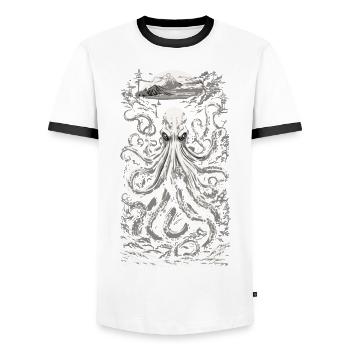 Ukiyo-E Vintage Kraken Fisherman Sea Fishing Design - Men's Ringer Shirt - white/black - Front - AI Model Female 172 light (172cm) & AI Model Male 178 dark (178cm)